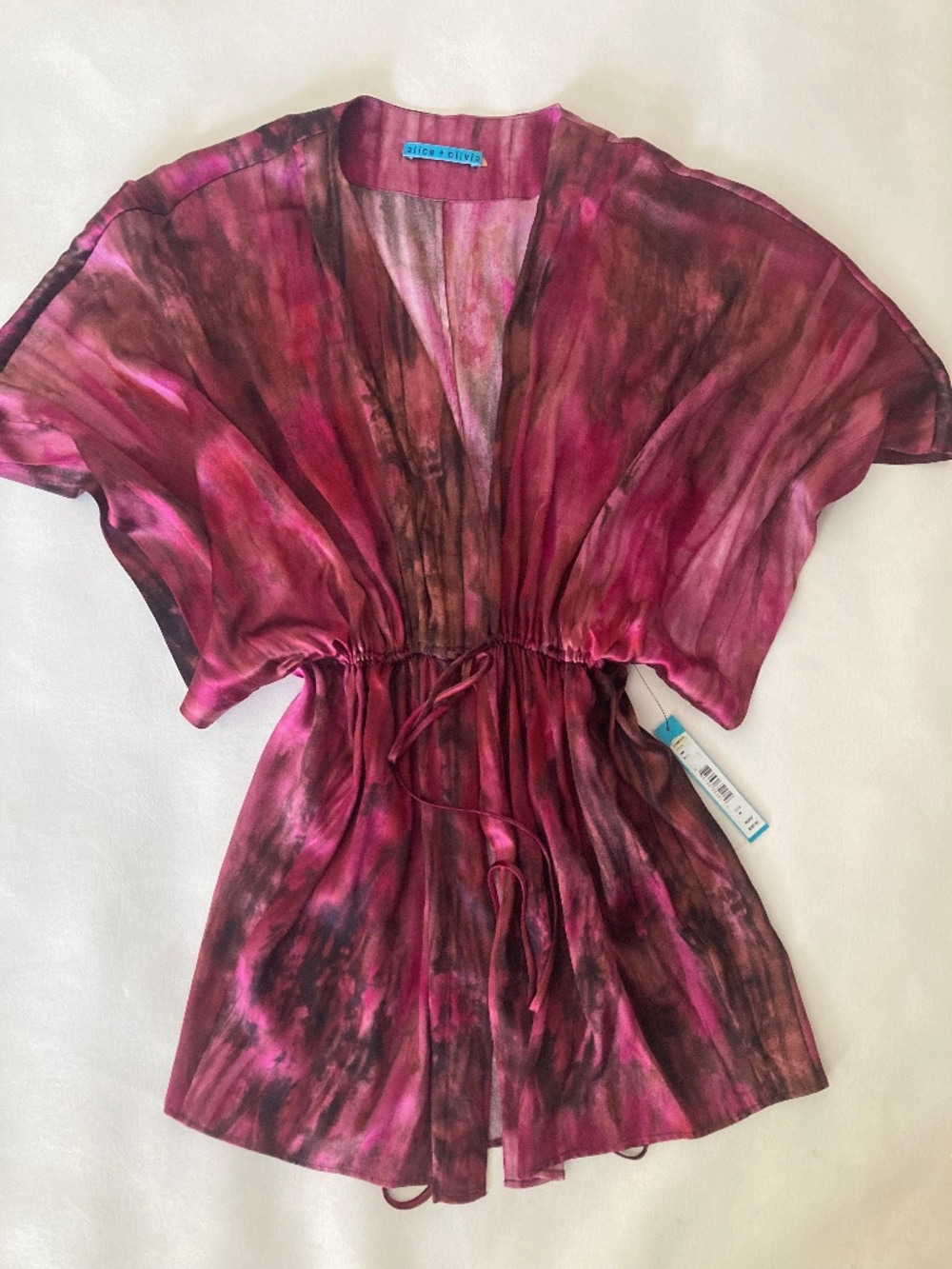 NWT Alice +Olivia pink red purple silk kimono tie front blouse cover top